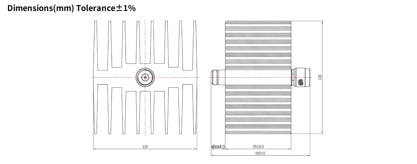60dB Fixed Attenuator, N Male to N Female, 50Watts, DC-8.5GHz, Rectangular, VSWR1.25